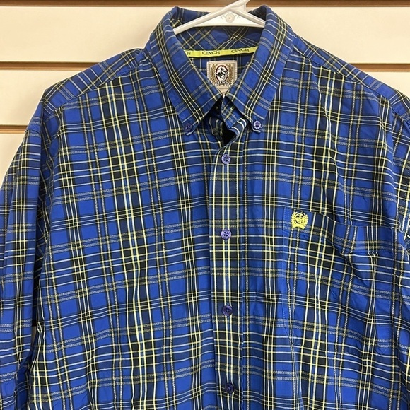 Cinch 100% Cotton‎ Long Sleeve Button Down Shirt Blue/Yellow Plaid EUC Size M - Picture 3 of 8